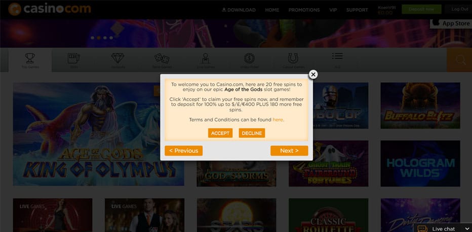 Casino.com Bonuses; 20 Free Spins on Sign Up (No Deposit)