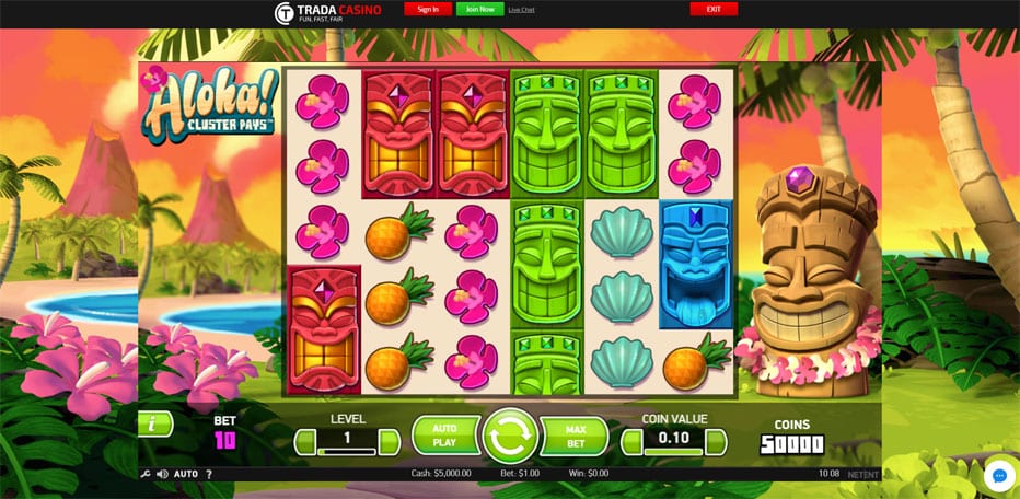 50 Free Spins on Aloha Cluster Pays at Trada Casino