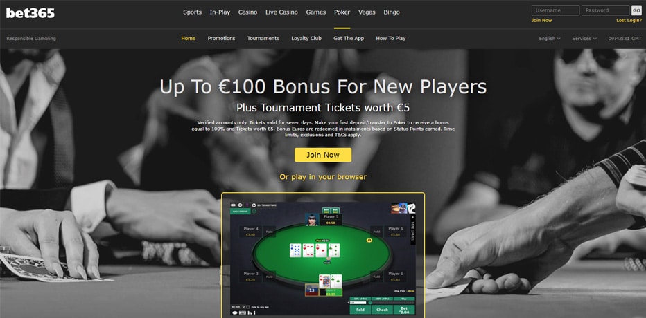 Bet365 Poker Bonus - R$100,- Bonus + 10 Free Spins + R$5,- in Tickets