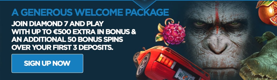 Diamond 7 Welcome Package; R$500,- + 50 Free Spins