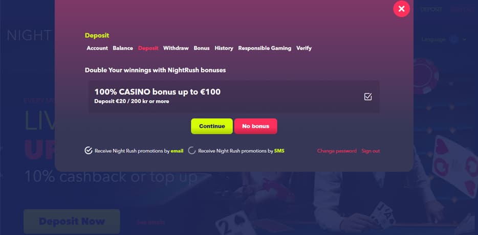 NightRush Casino Bonus - 100% up to R$100,-