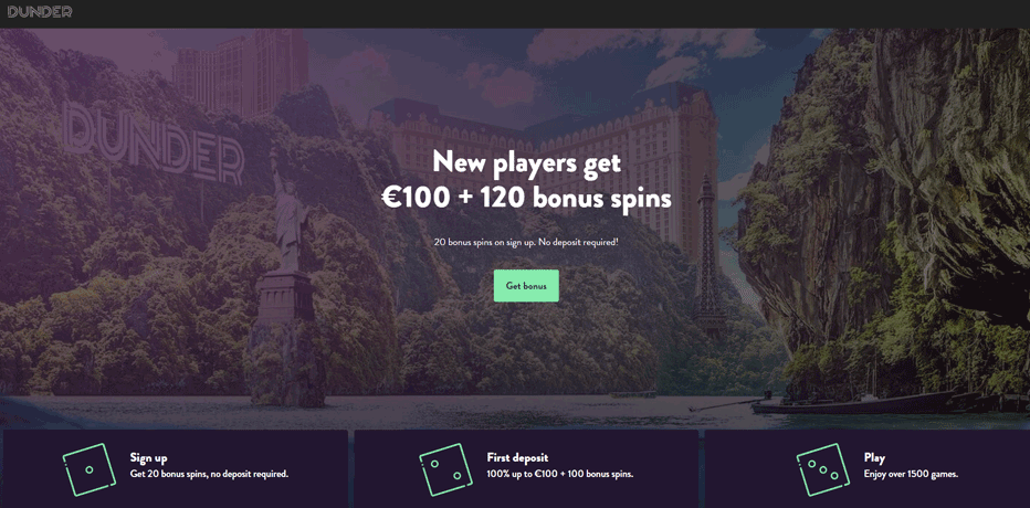 Dunder Bonus - 20 Free Spins (no deposit needed) + 100% Bonus and 100 free spins